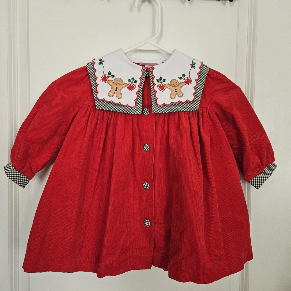 Vintage Bonnie Baby Red Baby Dress with Embroidered Gingerbread Collar - 24mo